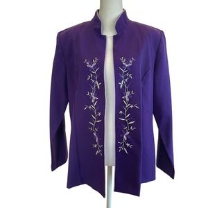 Sara Morgan for Haband Purple Embroidered Open Front Jacket Blazer Womens Medium